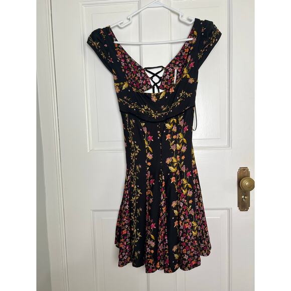 NEW Free People Women's XS Ponderosa Mini Dress Black Yellow Floral Open Back - Picture 4 of 15